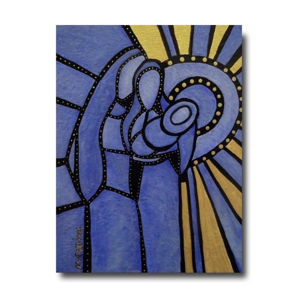 Abstract Holy Family Nativity Blue Gold Original Christmas Painting